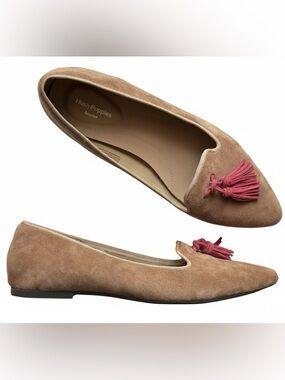 Hush Puppies | Tan Genuine Suede Loafer Flats with Red Tassel Accents
